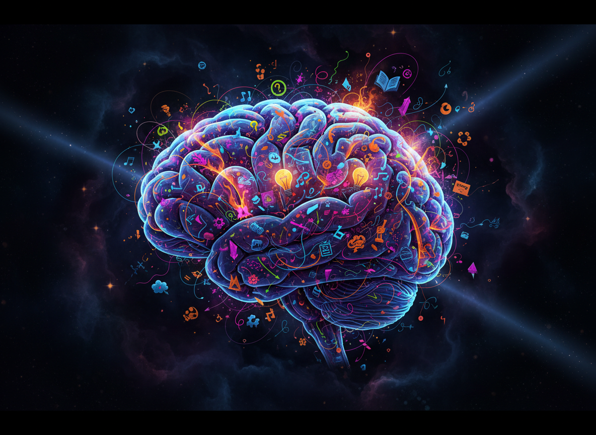 A surreal, modern illustration of a human brain made of swirling spirals and tangled lines, filled with random icons, notes, and thoughts, on a dark, atmospheric background. Vibrant but not childish, high-contrast, cinematic lighting, suitable as a blog header image.